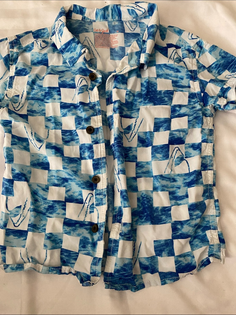 Cat & Jack Blue and White Checkerboard Wave Short-Sleeve Button-Up